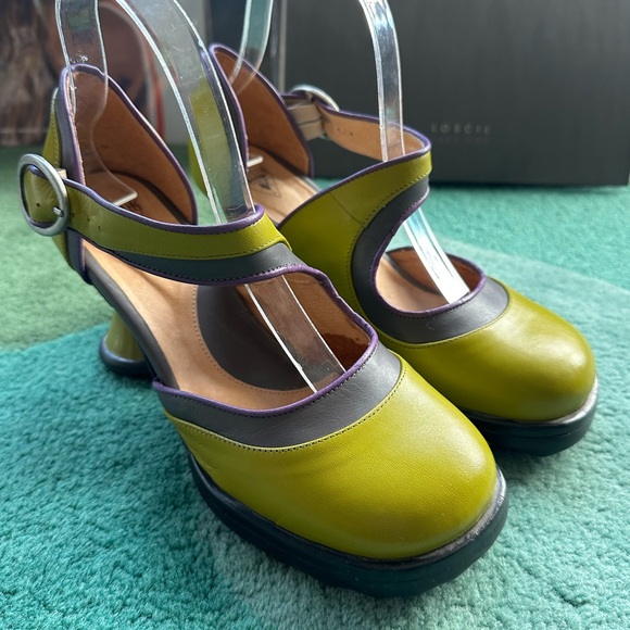 Fluevog NEARLY NEW Mini Elif olive/gray/purple asymmetrical buckle heel - 8.5 - Picture 3 of 16